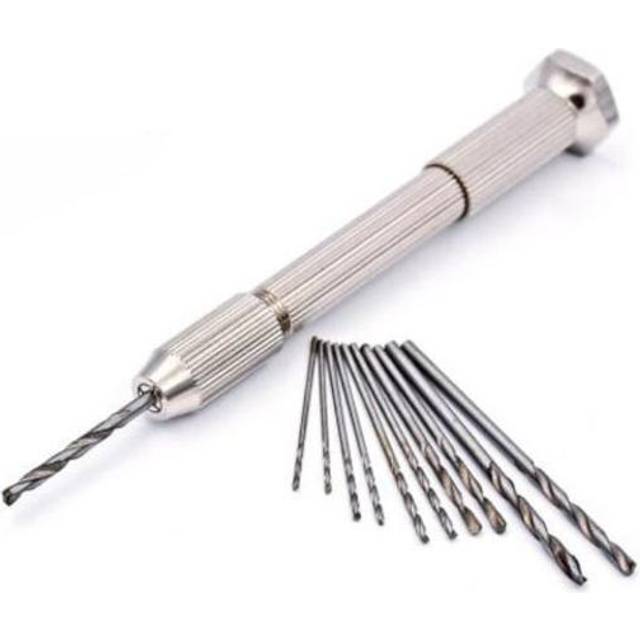 (Standard, 1) High Quality Mini Micro Aluminum Hand Drill With Keyless Chuck Twist Bit Woodworking Drilling 10Pcs