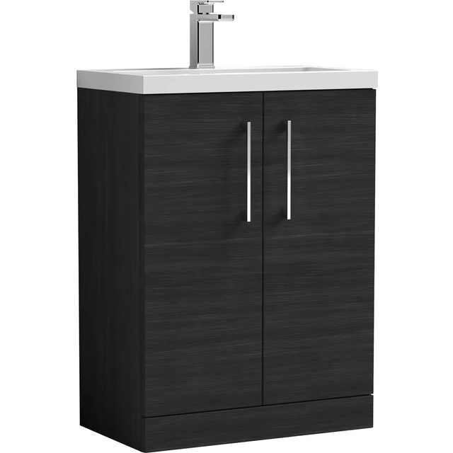 Compact Floor Standing 2 Door Vanity Basin Unit with Ceramic Basin - 600mm - Woodgrain Charcoal Black