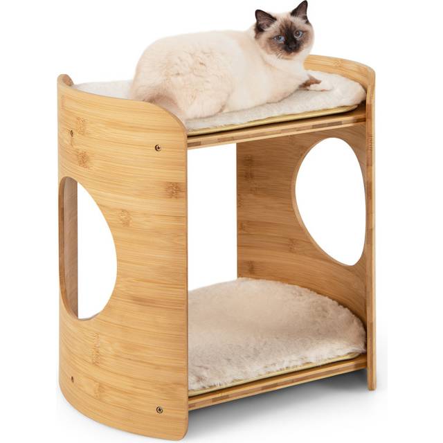 2-Tier Elevated Cat Bed Cat Tower with Natural Bamboo Frame-Natural & White