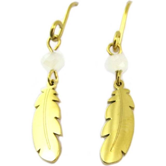 Les Trésors De Lily [P7762] - Steel designer earrings 'Boho' golden beige (Indian feather) - 19x4 mm white