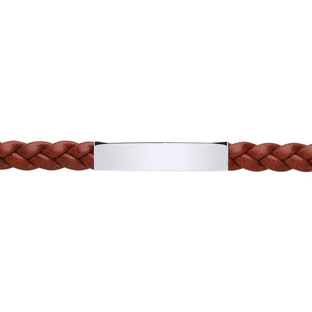 Jewelco London Mens Stainless Steel Red Brown Leather Platted ID Bracelet 8mm 8 inch - BRC154BRN