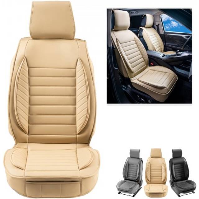 VEVOR Seat Covers, Universal Car Seat Covers Front Seats, 2pcs Faux Leather Seat Cover, Semi-enclosed Design, Detachable Headrest and Airbag Compatible, for Most Cars SUVs and Trucks Beige