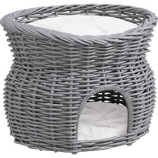 PawHut 2-Tier Elevated Pet Cushion Bed Basket Willow Cat Tree House Condo Kennel