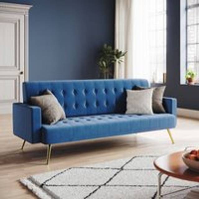 Modern Sofa Bed 3-level Adjustable Backrest Ultra Soft Material Velvet Cloth High-bounce Sponge Multi-person Sofa Blue, 192x79x75cm - Elegant