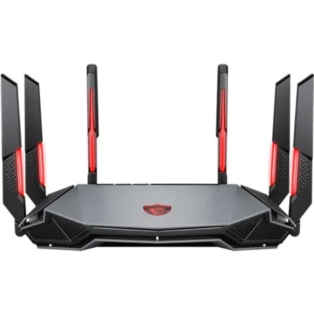 MSI Radix AXE6600 WiFi 6E Tri-Band Gaming Router - Snabb WiFi upp till 6600 Mbps (6GHz, 5GHz, 2.4GHz trådlös), AI QoS-prioritet, MU-MIMO, Beamforming, WPA3, 2.5G WAN/LAN & 4X 1G LAN-portar - RGB