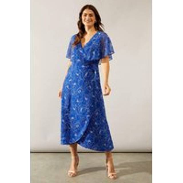 Womens Stencil Floral Cape Sleeve Wrap Dress - Cobalt - 8