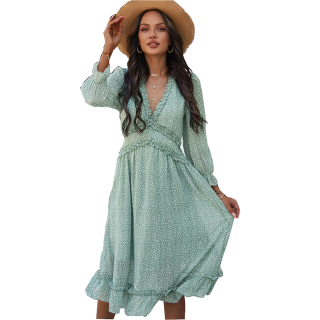 (Light Green, S) Boho All Over Print Frill Trim Women's Summer Long Sleeve V Neck Dress