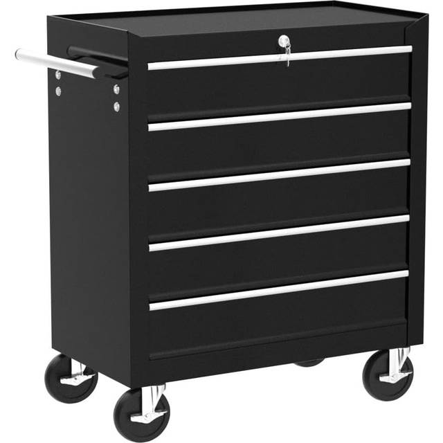 AREBOS 5-Drawer Tool Cabinet Garage Tool Chest with Wheels Workshop Tool Storage Lockable Black