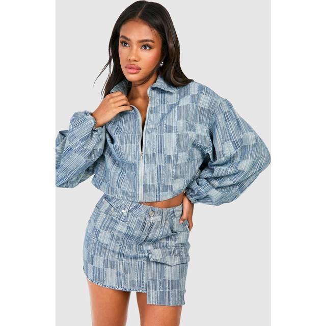 Womens Patchwork Jacquard Stitch Detail Denim Cargo Mini Skirt - Blue - 6
