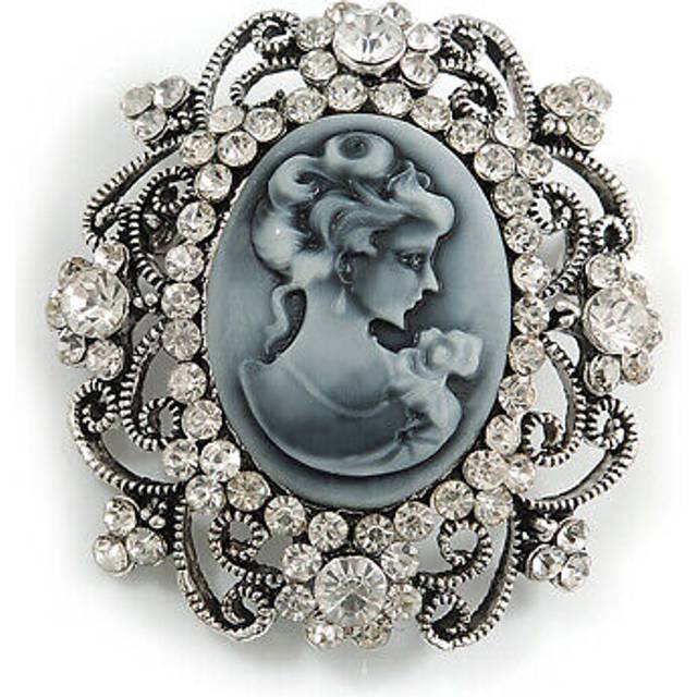 Vintage style crystal cameo brooch in aged silver tone - 47mm tall