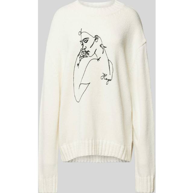 Hugo Mens Open White Face-motif Relaxed-fit Wool-blend Jumper L - OPEN WHITE