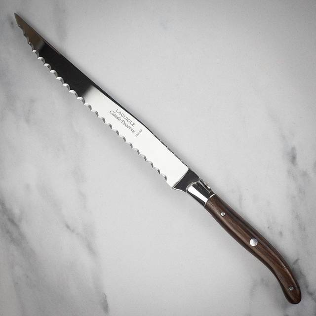 Claude Dozorme Laguiole Bread Knife in Gift Box Vallernia Handle and Stainless Steel Bolsters - can be Engraved or Personalised - Dark Wood