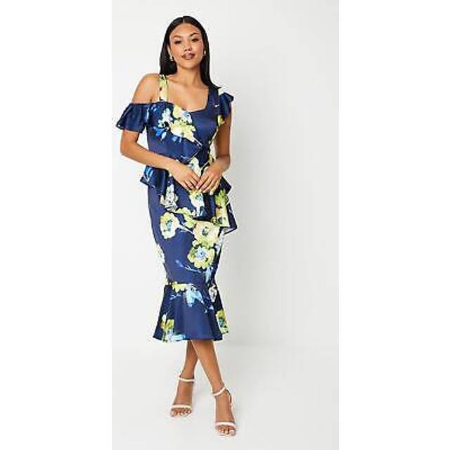 Coast womens a-line dress navy floral midi elegant asymmetrical neckline