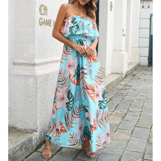(blue, m) Women's Boho Floral Print Off Shoulder Long A Line Dress