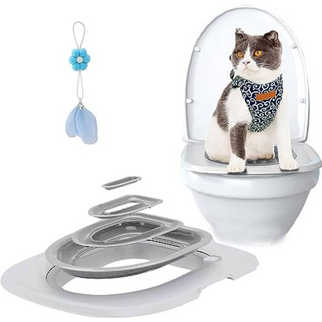 Cat Toilet Training Systems,Cat Toilet Training Kit,Reusable Plastic Cat Toilet Trainer for Pet Cleaning with 1 Replaceable Cat Feather Toy,Teach Cat