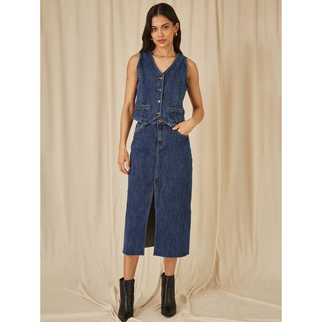 Yumi Front Slit Denim Midi Skirt, Blue