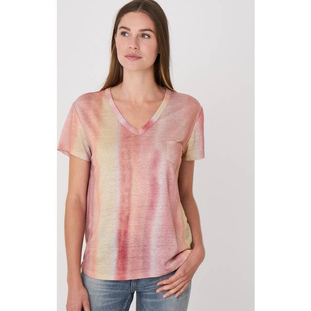Pure linen V-neck T-shirt with tie dye print