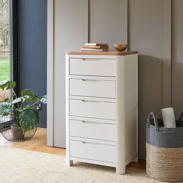Natural Oak & Painted Chest of Drawers - 5 Drawer Tallboy - Hove Range - Oak Furnitureland