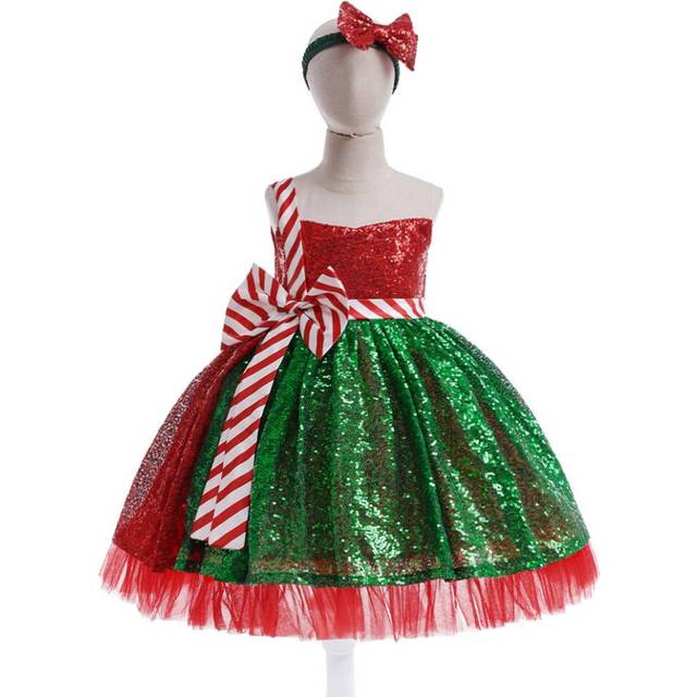 (Green, 3-4 Years) Kids Girls sequined Christmas Bow dress party performance