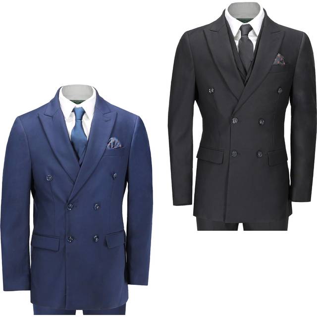 (46, Navy Blue) Mens Black Navy Double Breasted Suit 3 Piece Tailored Fit Peak Lapel Jacket