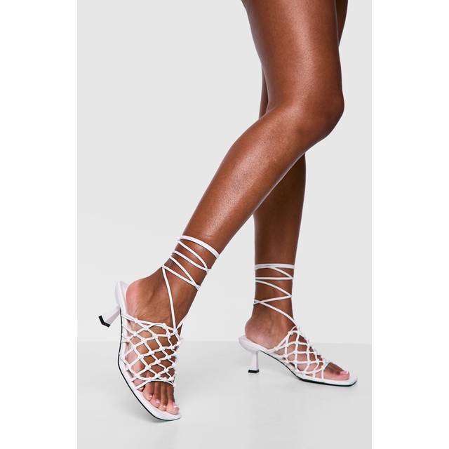 Womens Knotted Caged Low Wrap Up Heels - White - 4, White