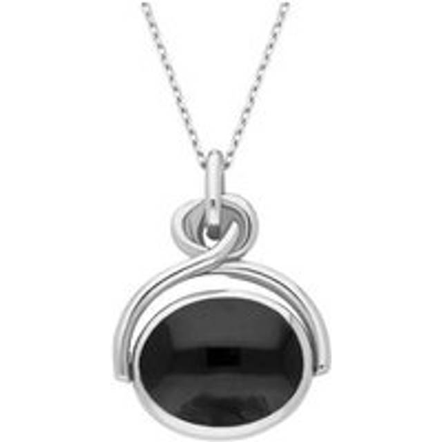 9ct White Gold Whitby Jet White Mother of Pearl Oval Swivel Fob Necklace - White Gold