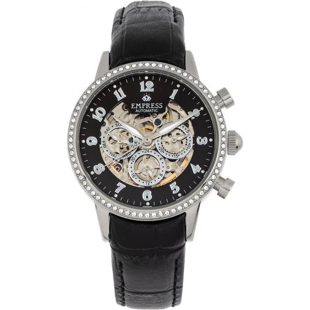 Empress Womens Beatrice Automatic Skeleton Dial Leather-Band Watch w/Day/Date - Black & Silver Stainless Steel - One Size