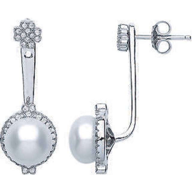Jewelco London Sterling Silver Cubic Zirconia and Simulated Pearl Pave Halo Drop Earrings 9mm - GVE465