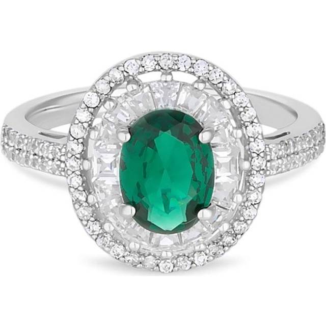 Jon Richard Jon Richard Rhodium Plated Emerald Cubic Zirconia Oval Halo Ring