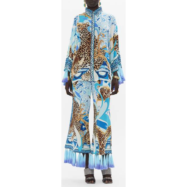 Kimono Sleeve Blouse with Ombre Tassels Sky Cheetah, S