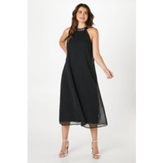 Womens Petite Dobby Embellished Halterneck Swing Dress - Black - 10