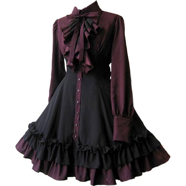 (S) Medieval Gothic Butterfly Bow Dress Cosplay Costume Steam Punk Womens Cos Dress