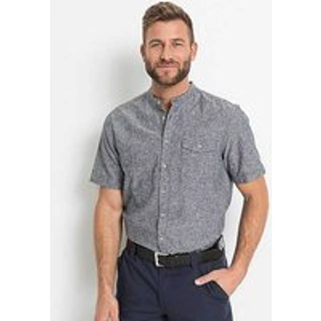 bonprix Grandad Collar Linen Blend Shirt - Dark Blue Marl