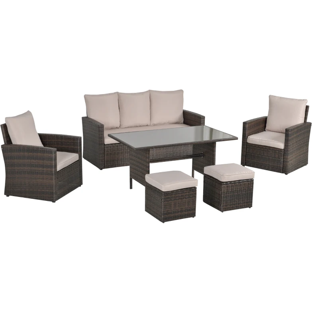 Outsunny 6 PCS Outdoor Rattan Sofa Furniture Sets with Footstool Cushions Brown