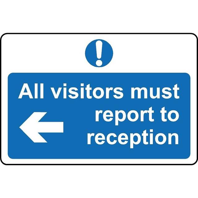 All visitors must report to reception left arrow safety sign - 3mm Aluminium sign - 300mm x 200mm