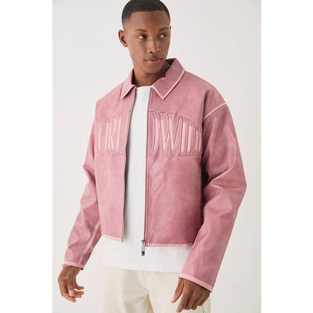 Mens Boxy Tumble PU Applique Harrington Jacket In Pink