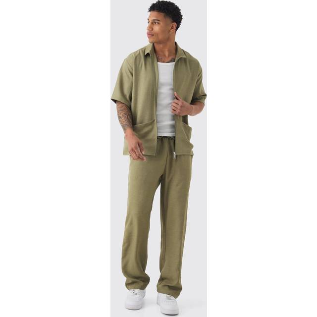 Mens Khaki Oversized Linen Deep Pocket Shirt & Trouser Set