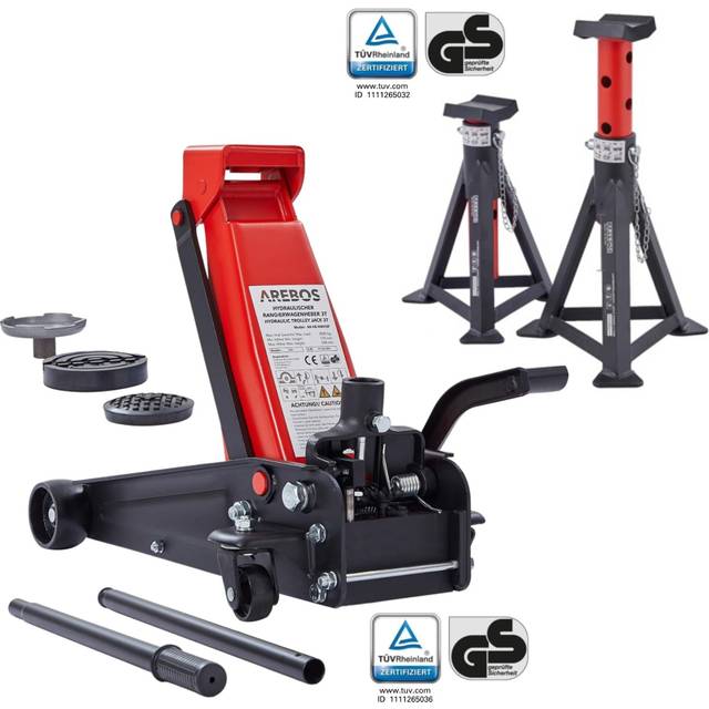 Arebos - 3T Hydraulic jack with foot pedal 2x jack stands 3 tons load capacity 2 supports jack stands car
