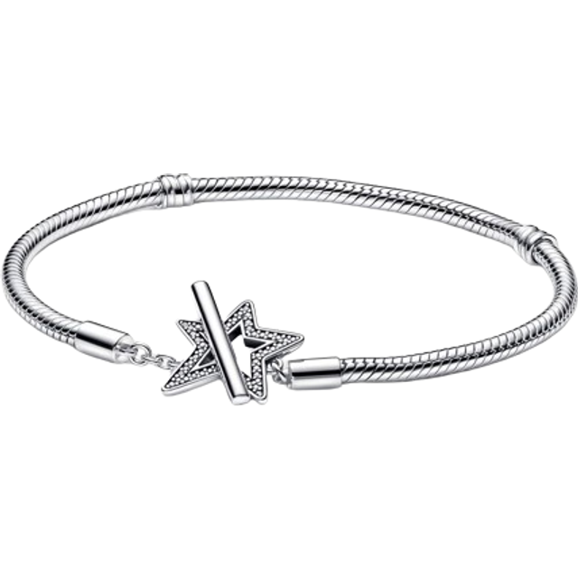 PANDORA Moments Asymmetrischer Stern T-Verschluss Schlangen-Gliederarmband aus Sterling Silber mit Cubic Zirkonia Steinen verziert, Moments Collection, Größe: 18, 592357C01-18