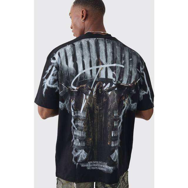 Oversized Extended Neck Extreme Gothic Back Graphic T-shirt - Black - S
