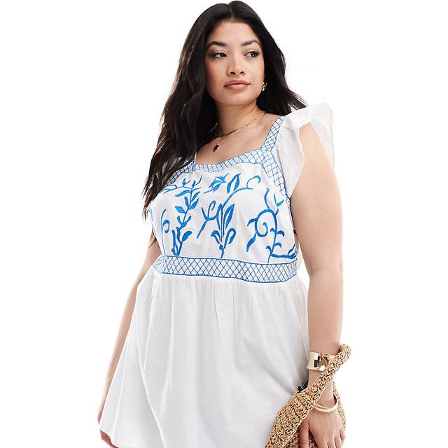 Yours Curve White & Blue Embroidered Peplum Top, Women's Curve & Plus Size, Yours - 18