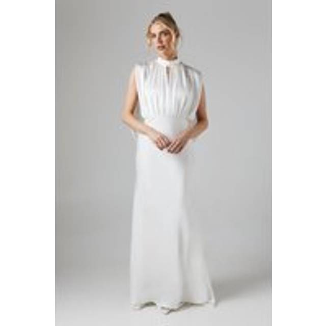 High Neck Keyhole Cape Back Satin Wedding Dress - Ivory - 8