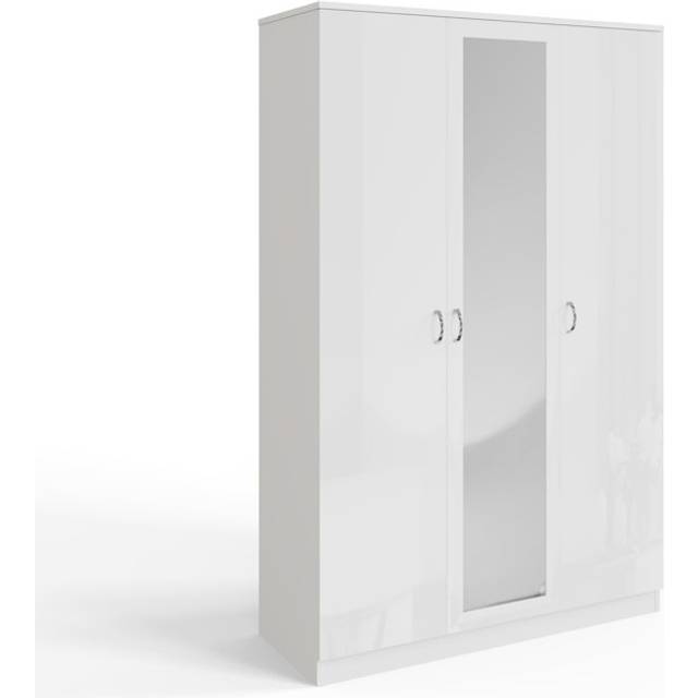 Brendle 3 Door Mirror Wardrobe - High Gloss Finish, Soft Close Doors, Full-Length Mirror, Polished Metal Handles - White (114cm W X 47cm D)