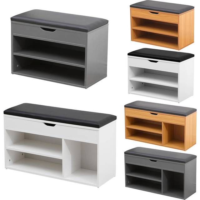 Shoe bench hallway wooden rack storage cabinet cushion seat organiser (white)