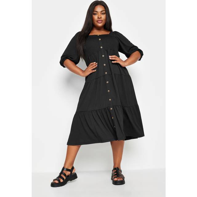 Yours Curve Black Button Front Tiered Midi Dress, Women's Curve & Plus Size, Yours - 34-36
