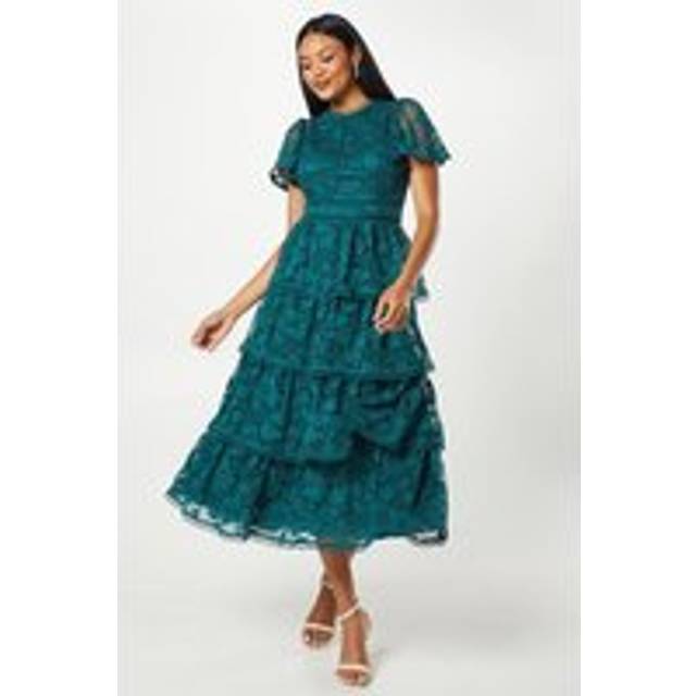 Tiered Lace Wedding Guest Dress With Flutter Sleeve & Trims - Green - 10