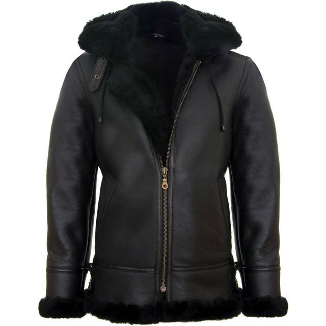(3XL) Mens Sheepskin Flying HoodedBomber B3 Black Jacket