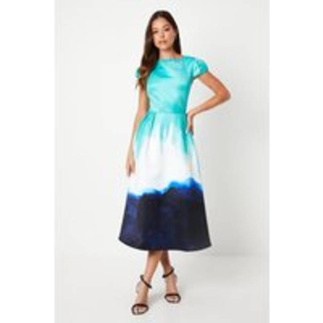 Placement Print Puff Sleeve Satin Midi Wedding Guest Dress - Mint - Green - 8