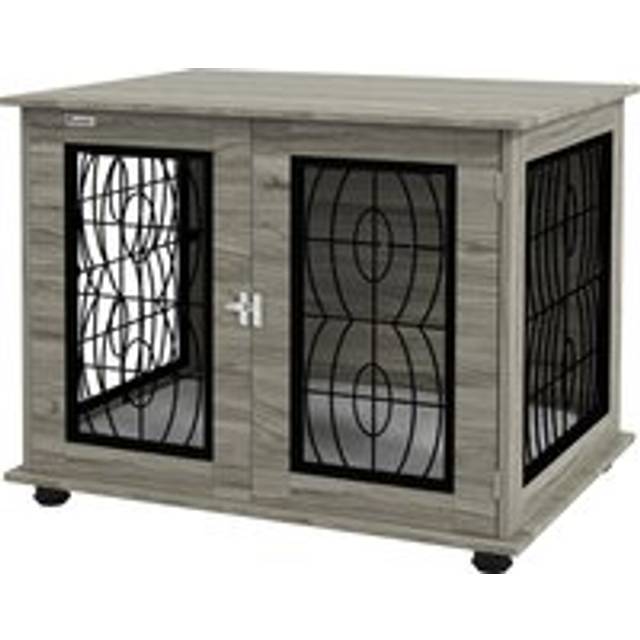 Pawhut 29.5" Indoor Dog Crate Furniture End Table With Soft Washable Cushion, Lockable Front Door, For Medium Dogs