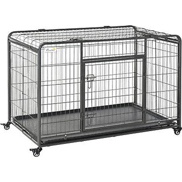 Pawhut 81x125cm metal dog cage kennel w/ locking door & wheels extra large pets